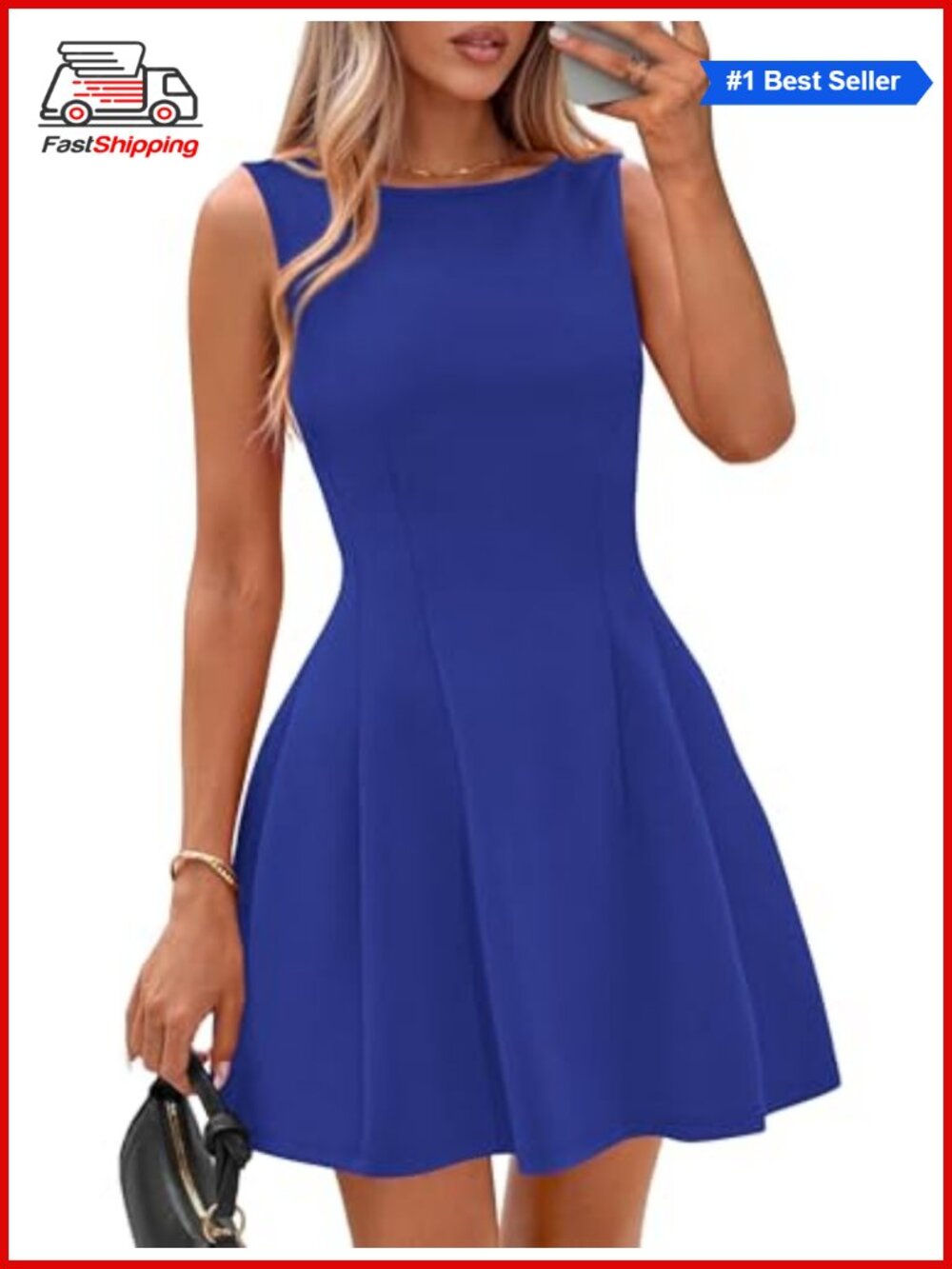 Womens A-Line Mini Dress Boat Neck Sleeveless Cocktail Party